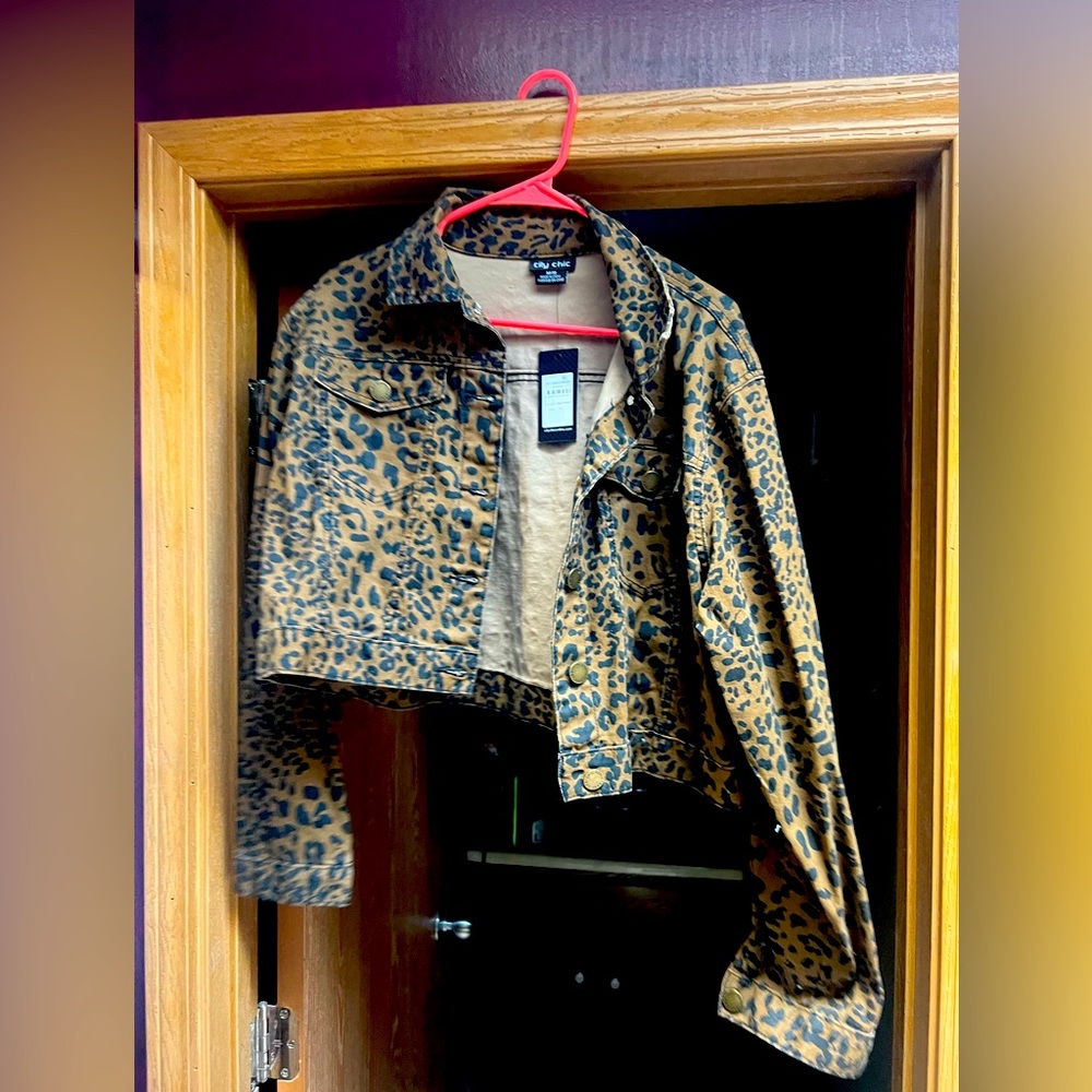 City Chic Cropped Cheetah Print Jean Jacket